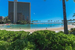A beach resort with a large pool, palm trees, and a tall hotel building. - Marina Front, Large Lanai, Near Beach (Honolulu)