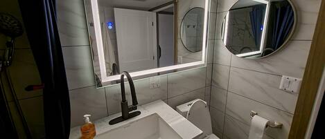 Chuveiro, secador de cabelo, toalhas de banho, sabonete