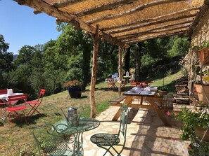 An outdoor patio with a thatched roof, stone flooring, metal furniture, and potted plants. - Le Gîte des Oiseaux - VEBRON (VEBRON)