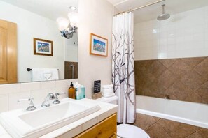 A bathroom with a sink, toilet, shower, and a mirror. - Telluride Trails Retreat: 3BR/2BA - Hot Tub/Sauna (Telluride)