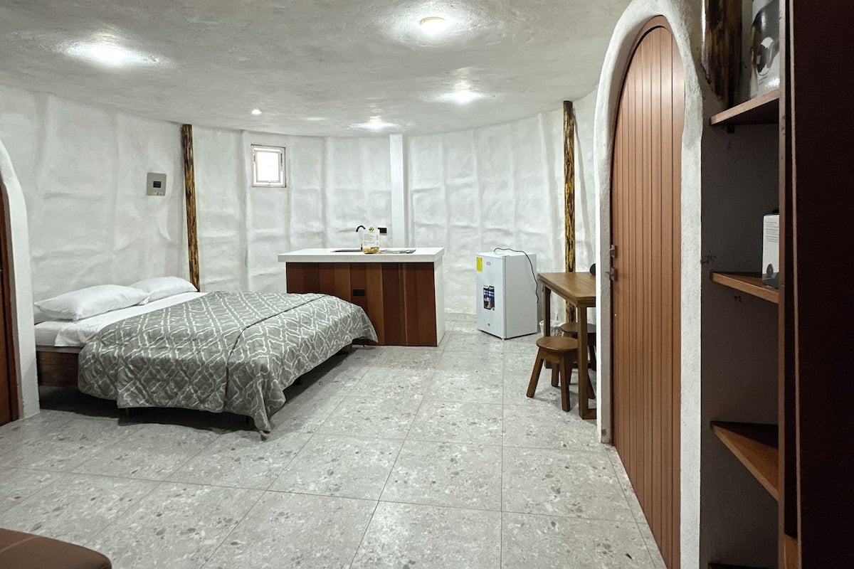 A bedroom with a bed, a desk, a chair, a wardrobe, and a small refrigerator.