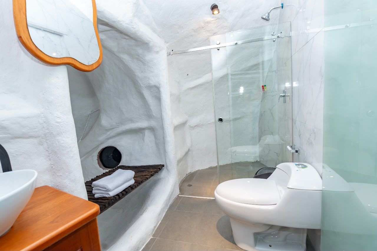 A bathroom with a glass-enclosed shower, a white toilet, and a wooden vanity with a bowl sink.