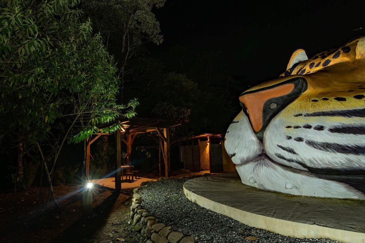 A large outdoor sculpture of a tiger's head, a wooden pergola, and a pathway.