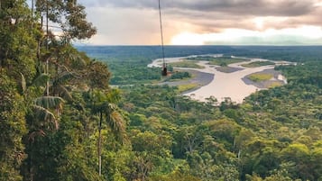 Een junglelandschap met een rivier en een persoon op een zipline.