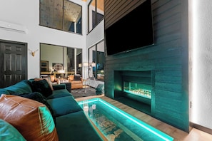 Smart TV, fireplace, books
