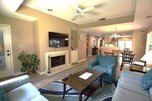 TV, fireplace - Shipyard Villa, Lagoons, Golf, Pool & Beach Nearby (Hilton Head Island)