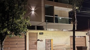 Ein modernes Gebäude mit mehreren Stockwerken, großen Fenstern und einem Parkplatz mit einer Palme.