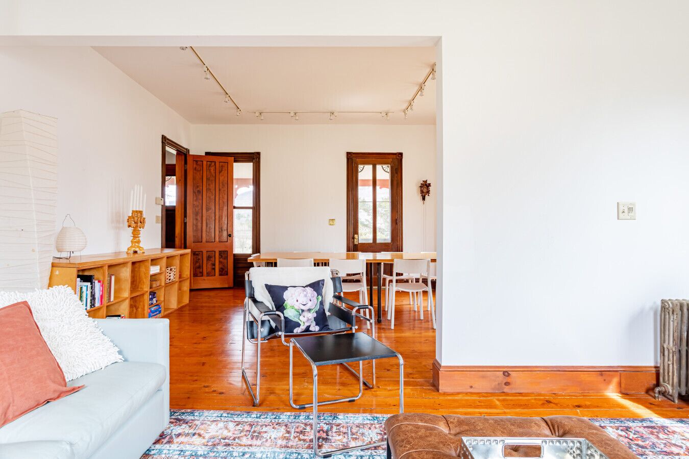 TV, fireplace, books, printers