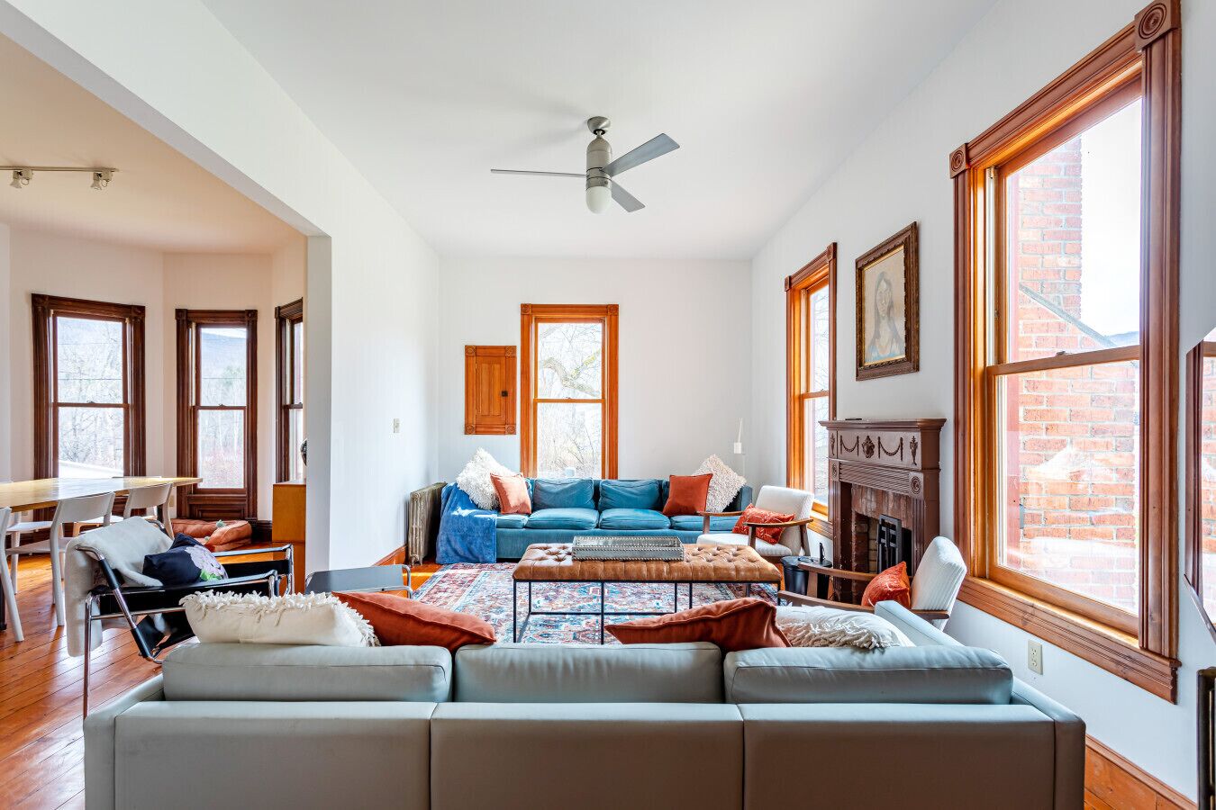 TV, fireplace, books, printers