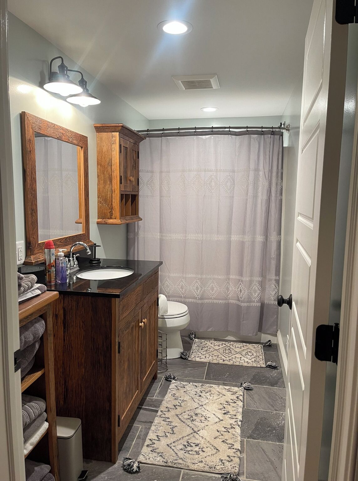 Hair dryer, towels, soap, toilet paper