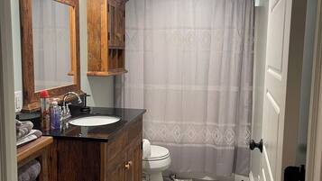 Hair dryer, towels, soap, toilet paper