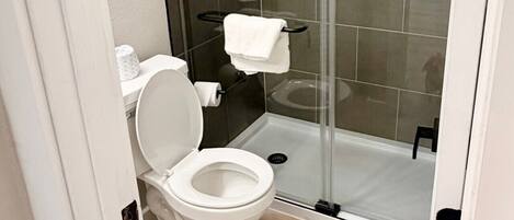 A bathroom with a toilet, a glass shower enclosure, and a white sink.