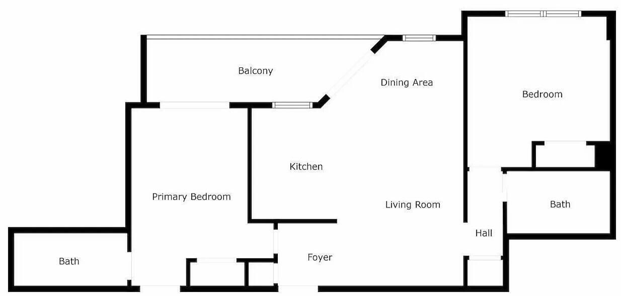 Plano de planta que muestra un dormitorio principal, balcón, cocina, comedor, sala de estar, vestíbulo y baño, además de un dormitorio.