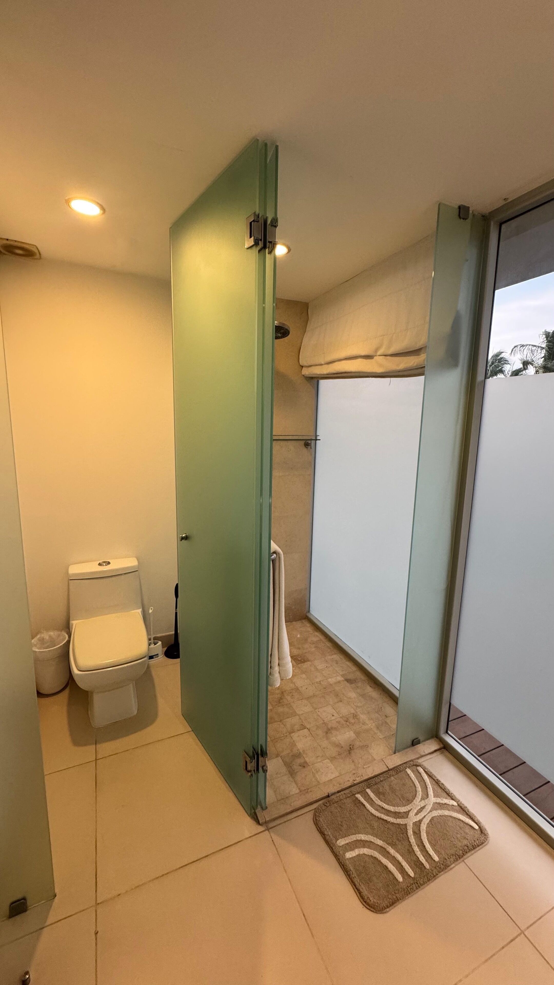 Casa de banho com sanita, chuveiro e porta de vidro para varanda.