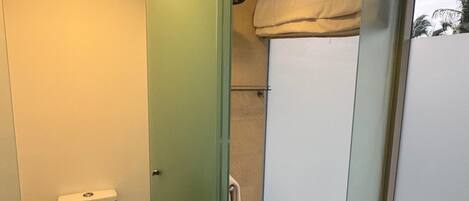Casa de banho com sanita, chuveiro e porta de vidro para varanda.