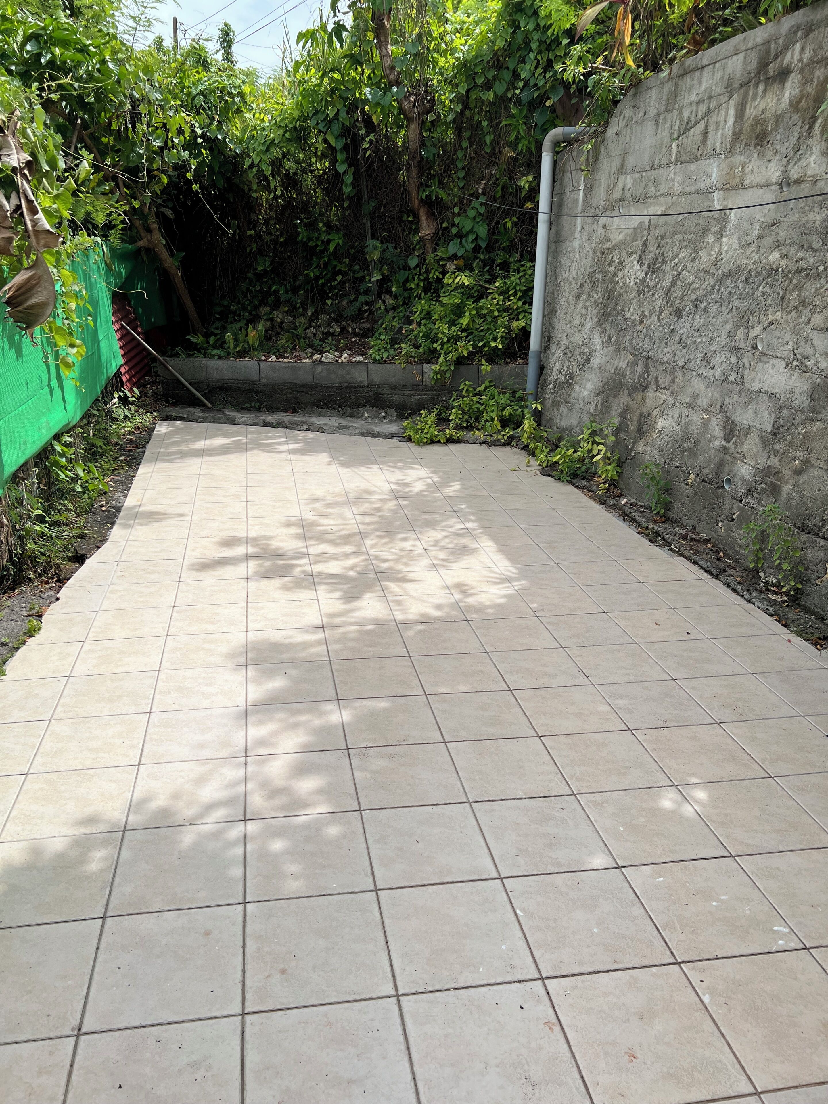 Un camí pavimentat amb sòl de rajoles, delimitat per una tanca verda i una paret de formigó.