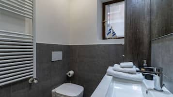 Douche, bidet, serviettes fournies, papier toilette