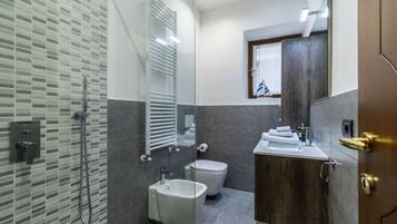 Douche, bidet, serviettes fournies, papier toilette