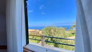 Ein Fenster mit Blick auf eine Küstenlandschaft, darunter Bäume und das Meer.