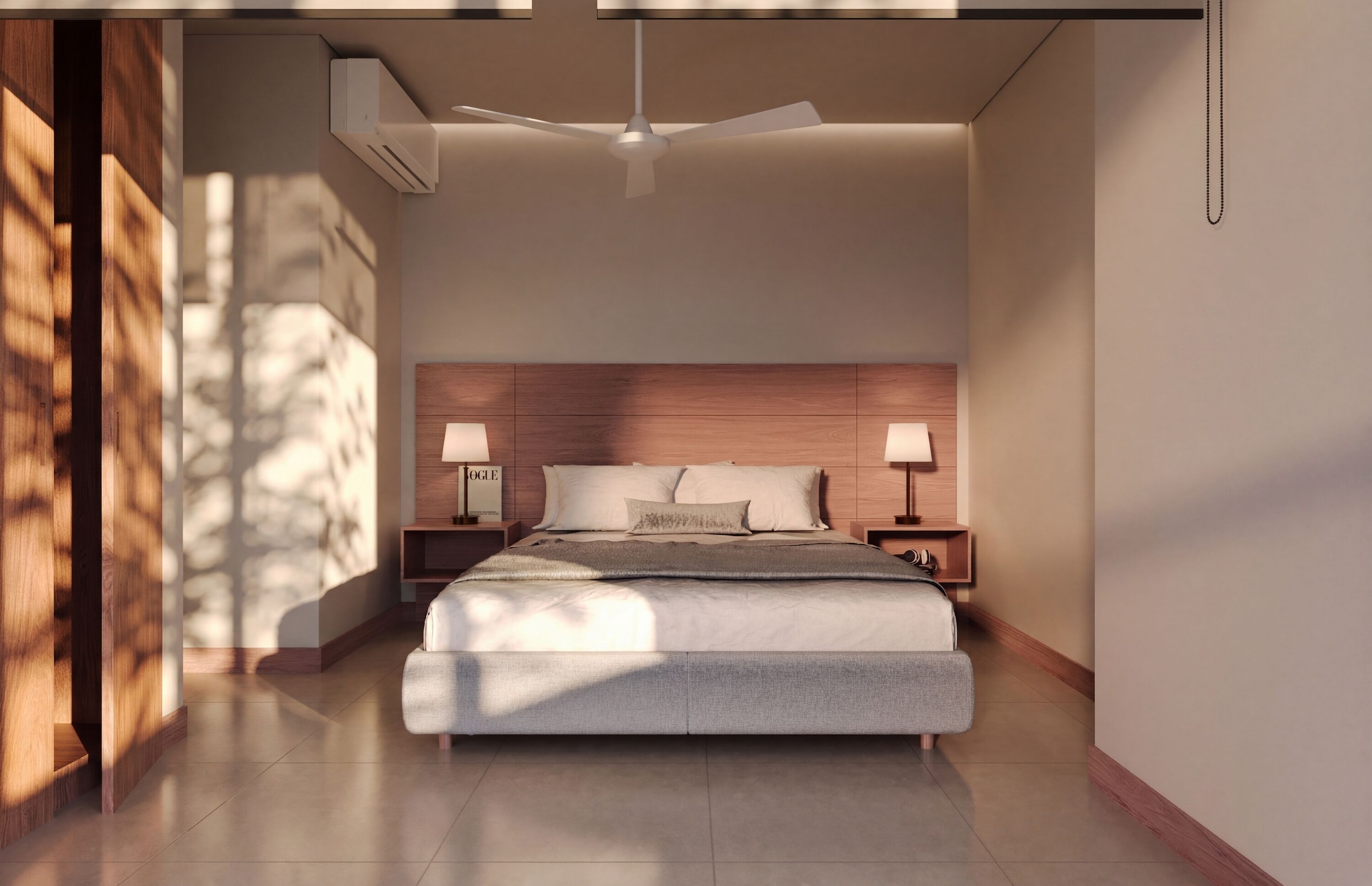 Un dormitorio moderno con una cama grande, dos mesitas de noche, un ventilador de techo y un aire acondicionado instalado en la pared.