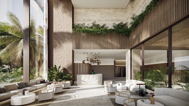 A modern interior with a central seating area, a reception desk, and a large window. - Nuruma Suites by Avia Suites (Santa Marta)