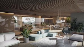 Un interior moderno con comedor, asientos y plantas.