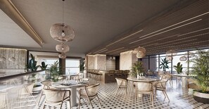 Un comedor moderno con mesas redondas, sillas de mimbre e lámparas colgantes de mimbre.