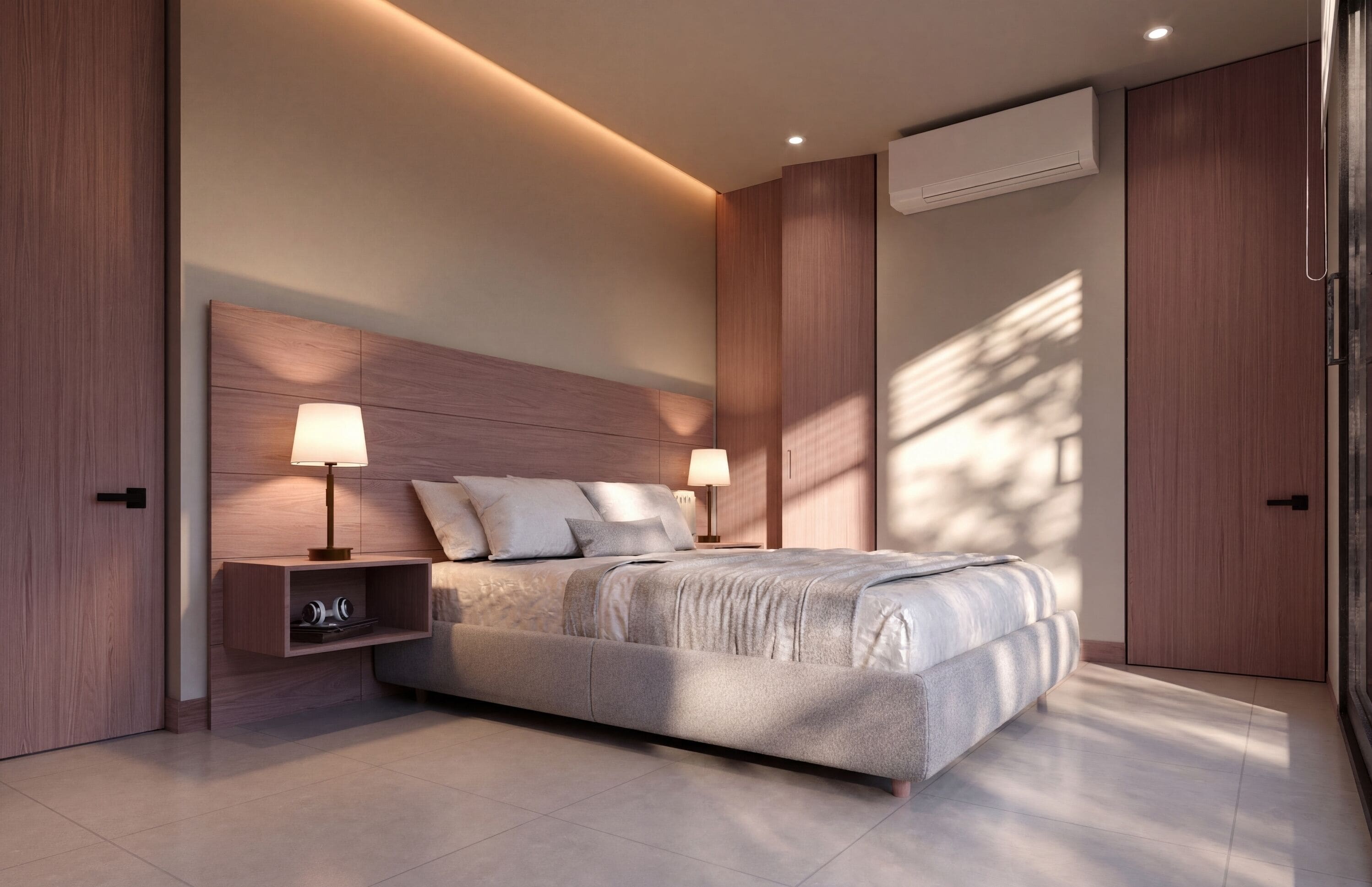 Un dormitorio moderno con una cama grande, dos mesitas de noche con lámparas, un estante empotrado y un armario.