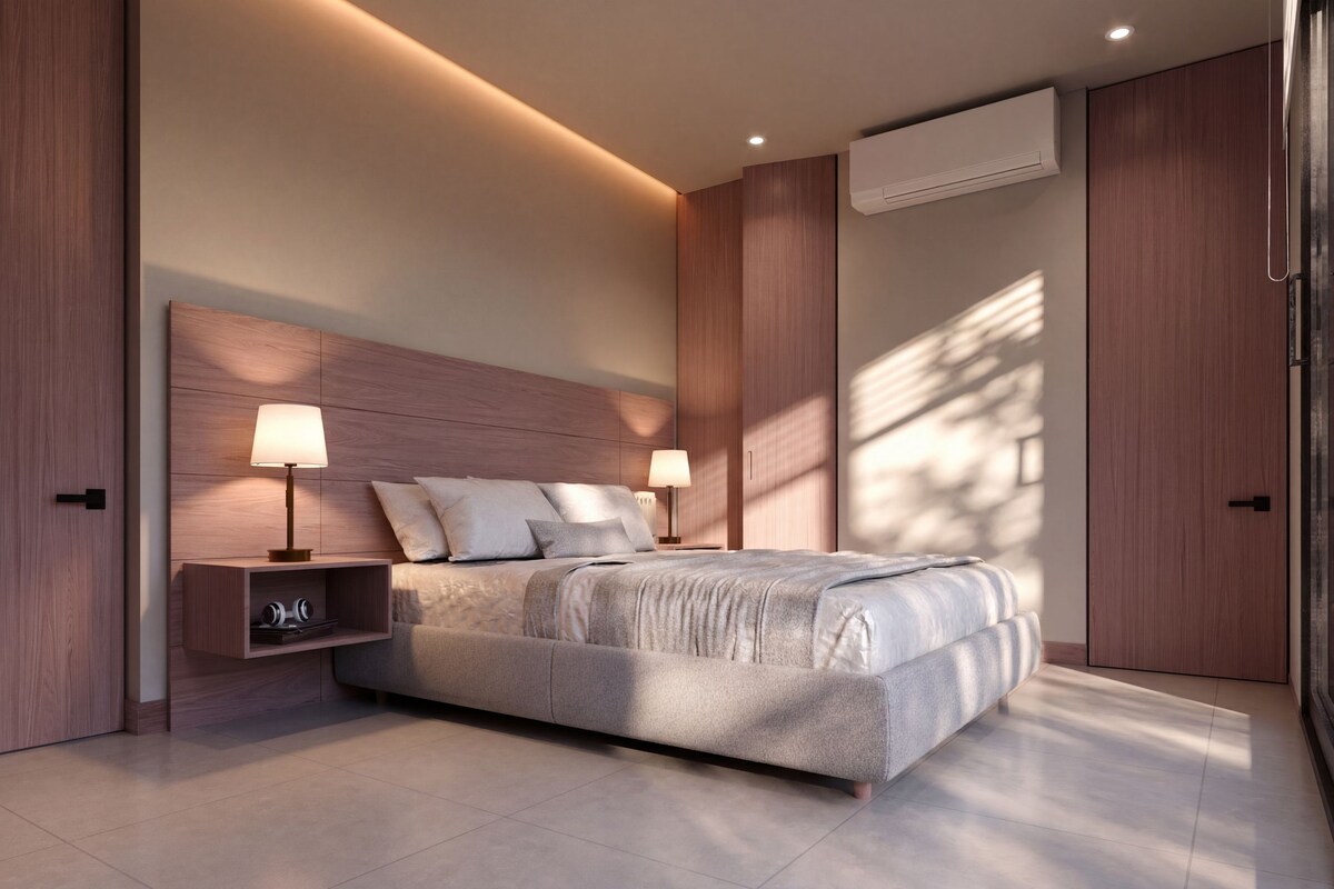 A modern bedroom with a large bed, two bedside tables with lamps, a built-in shelf, and a wardrobe.