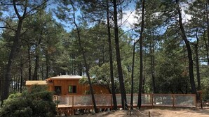 A wooden cabin with a deck, surrounded by a forest.