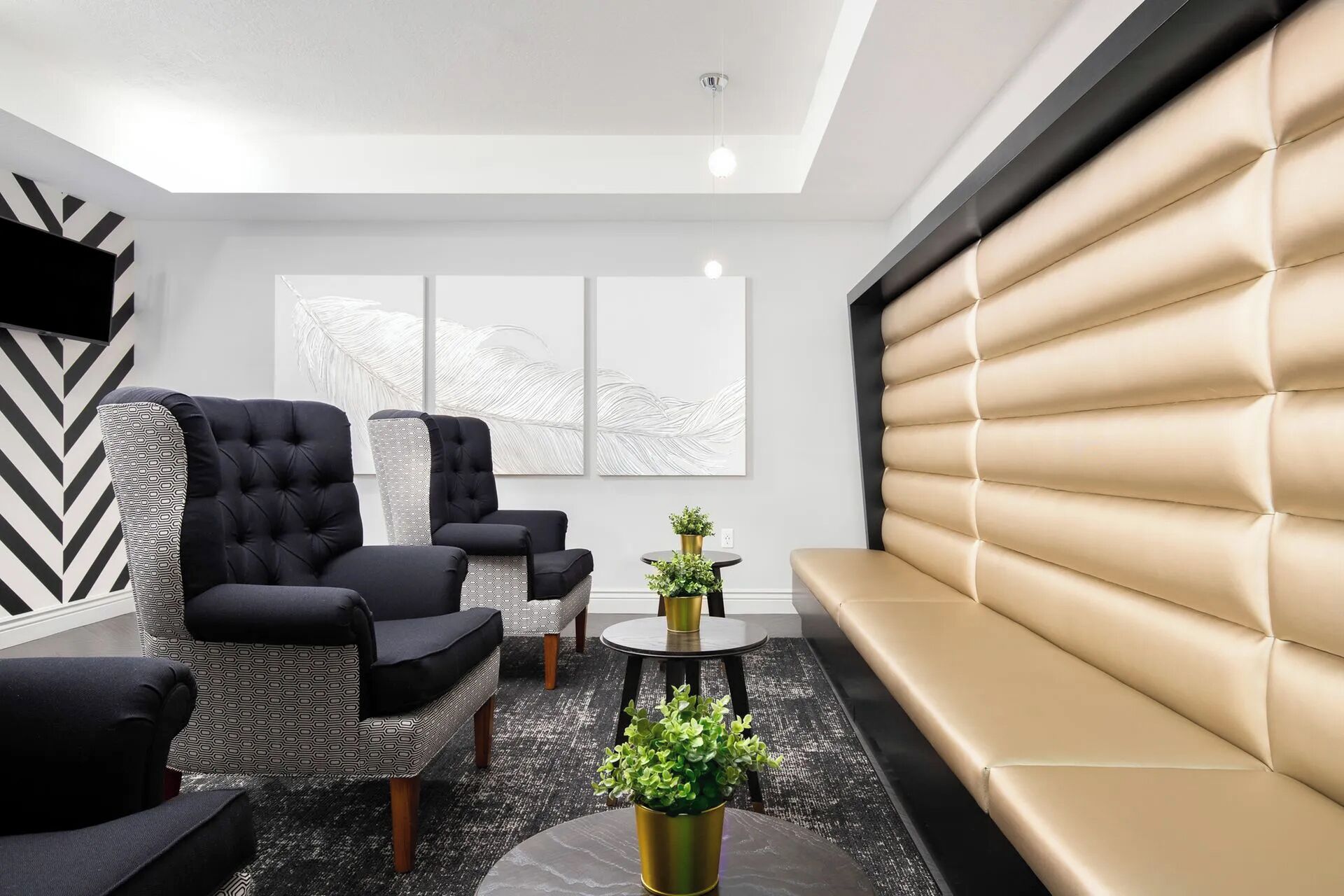 A modern living room with a sofa, two armchairs, a coffee table, and a decorative plant.