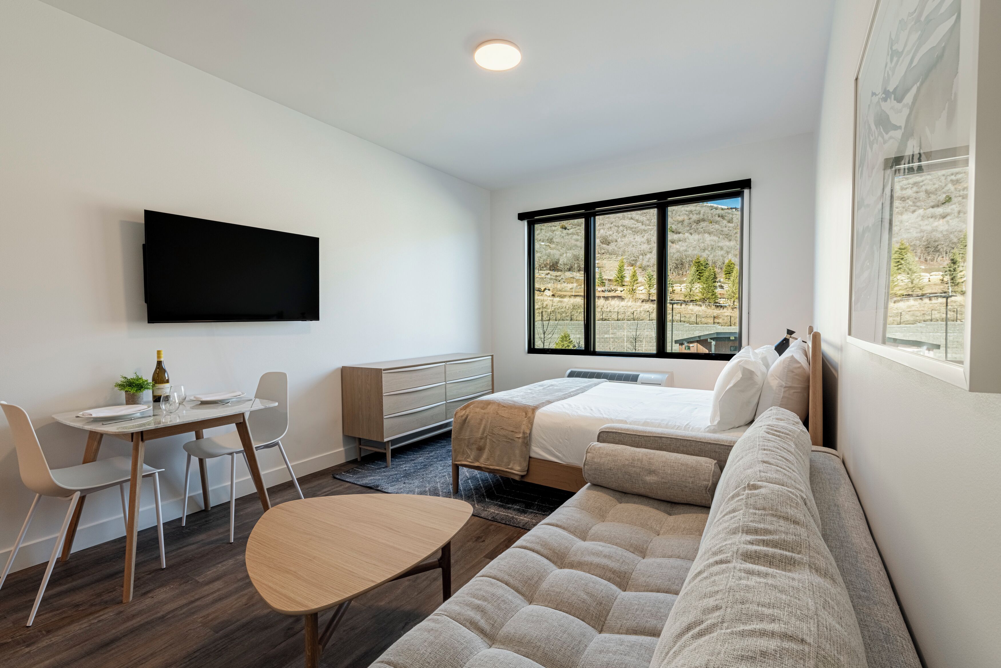 A modern room with a bed, a sofa, a dining table, and a TV.