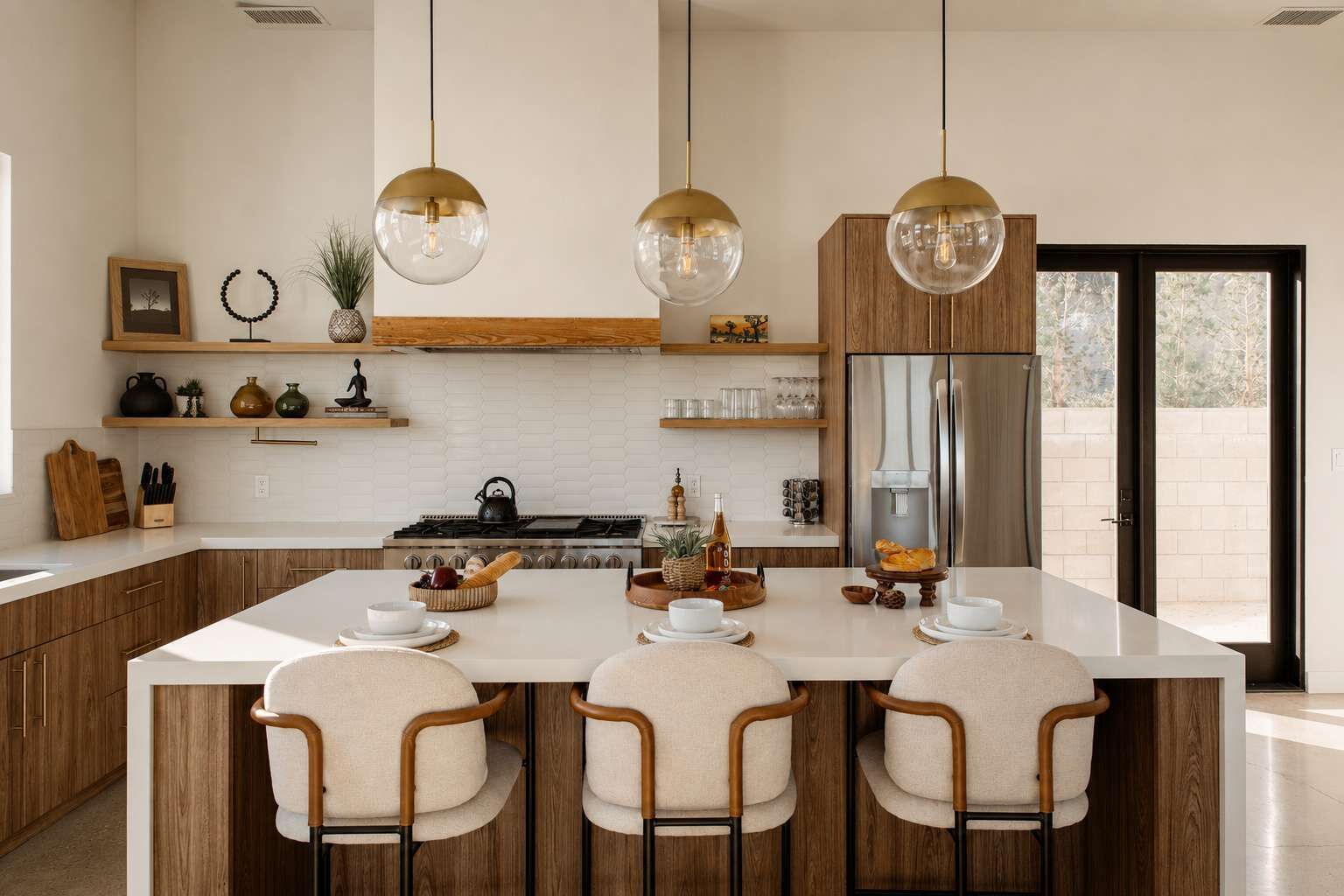 A modern kitchen with a central island, wooden cabinets, and pendant lighting.