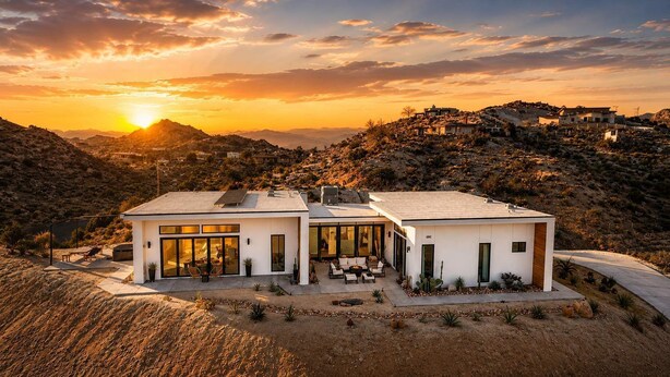 A modern two-story house with large windows, a patio, and a view of a hilly landscape during sunset. - Solara Ridge • Serene Escape, Panoramic Views, Spa, and Cowboy Tub (Yucca Valley)