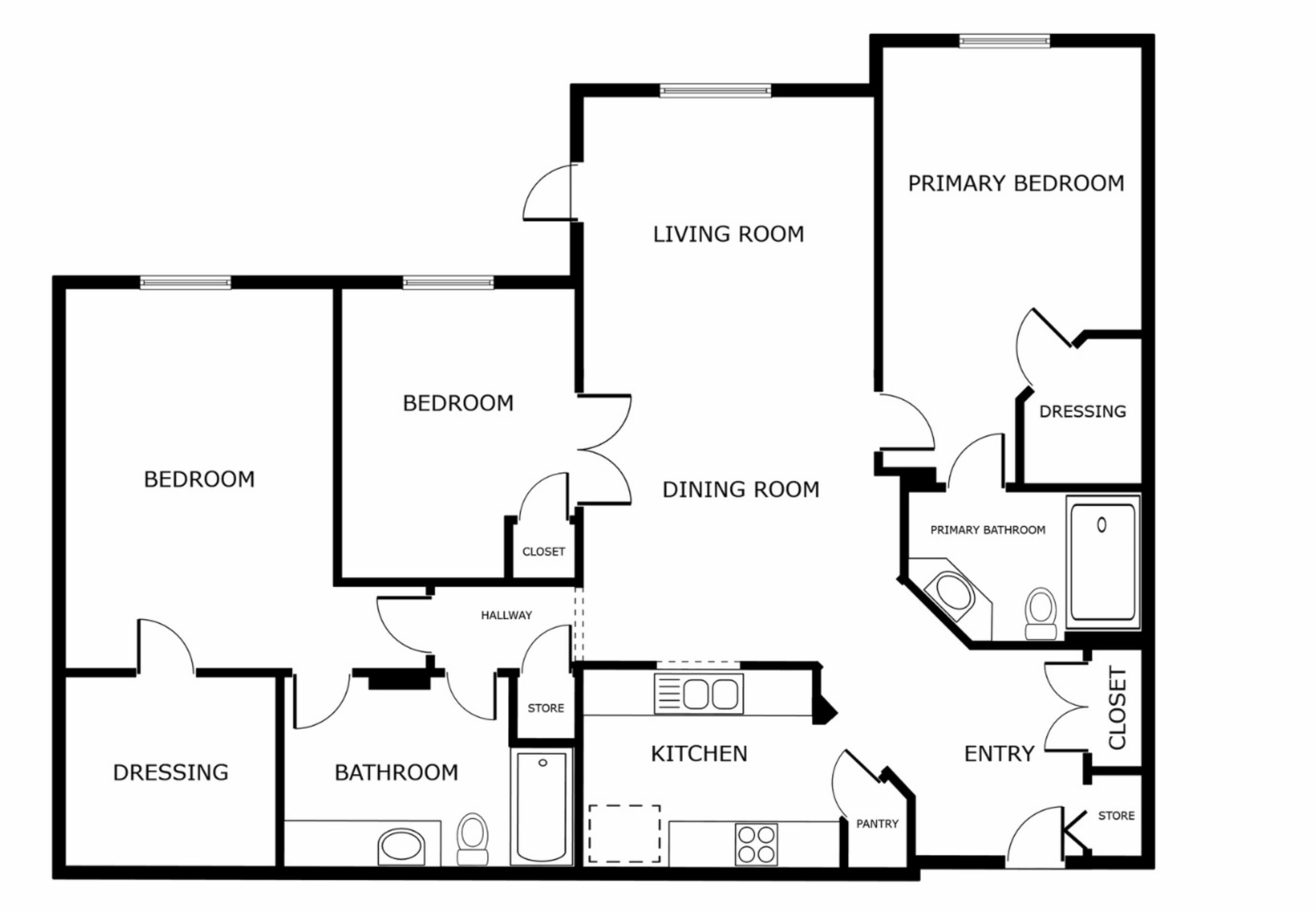 Un plano de planta que muestra un dormitorio principal, sala de estar, comedor, cocina y varios baños.