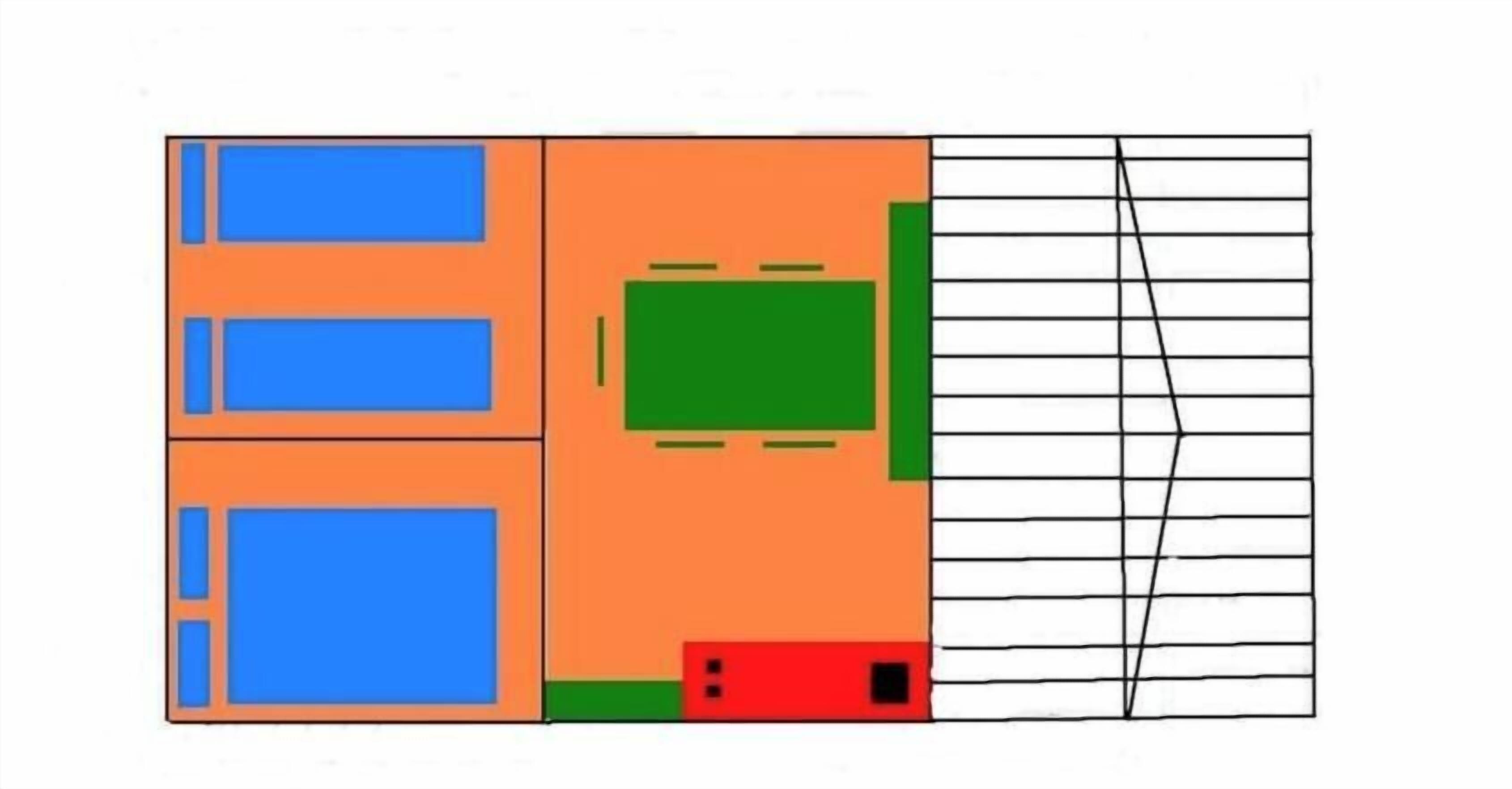 Distribución de una habitación con tres camas azules, una cama naranja y una cama verde.