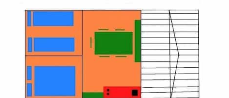 Distribución de una habitación con tres camas azules, una cama naranja y una cama verde.