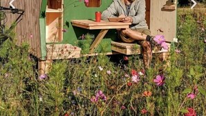 Una pequeña estructura de madera con exterior verde, una mesa y una persona sentada en su interior.