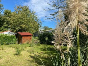 Ländliche Szene mit einer Holzhütte, einem großen Baum und hohem Gras.