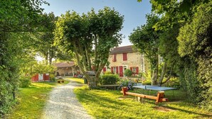 A gravel path leading to a building with red shutters, surrounded by lush greenery and a ping pong table.