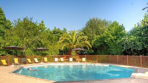 A swimming pool with lounge chairs and umbrellas, surrounded by a wooden fence and lush greenery.