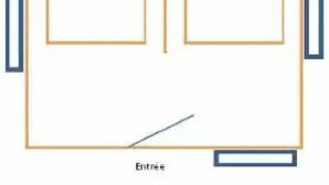 A room layout with two beds, a desk, and a chair.