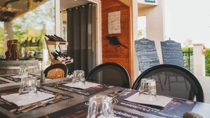 Un área de comedor al aire libre con mesas dispuestas para dos, cada una con un menú y cubiertos. Hay una pared de madera con un mural de pájaros y un letrero que dice "ACQUEL".