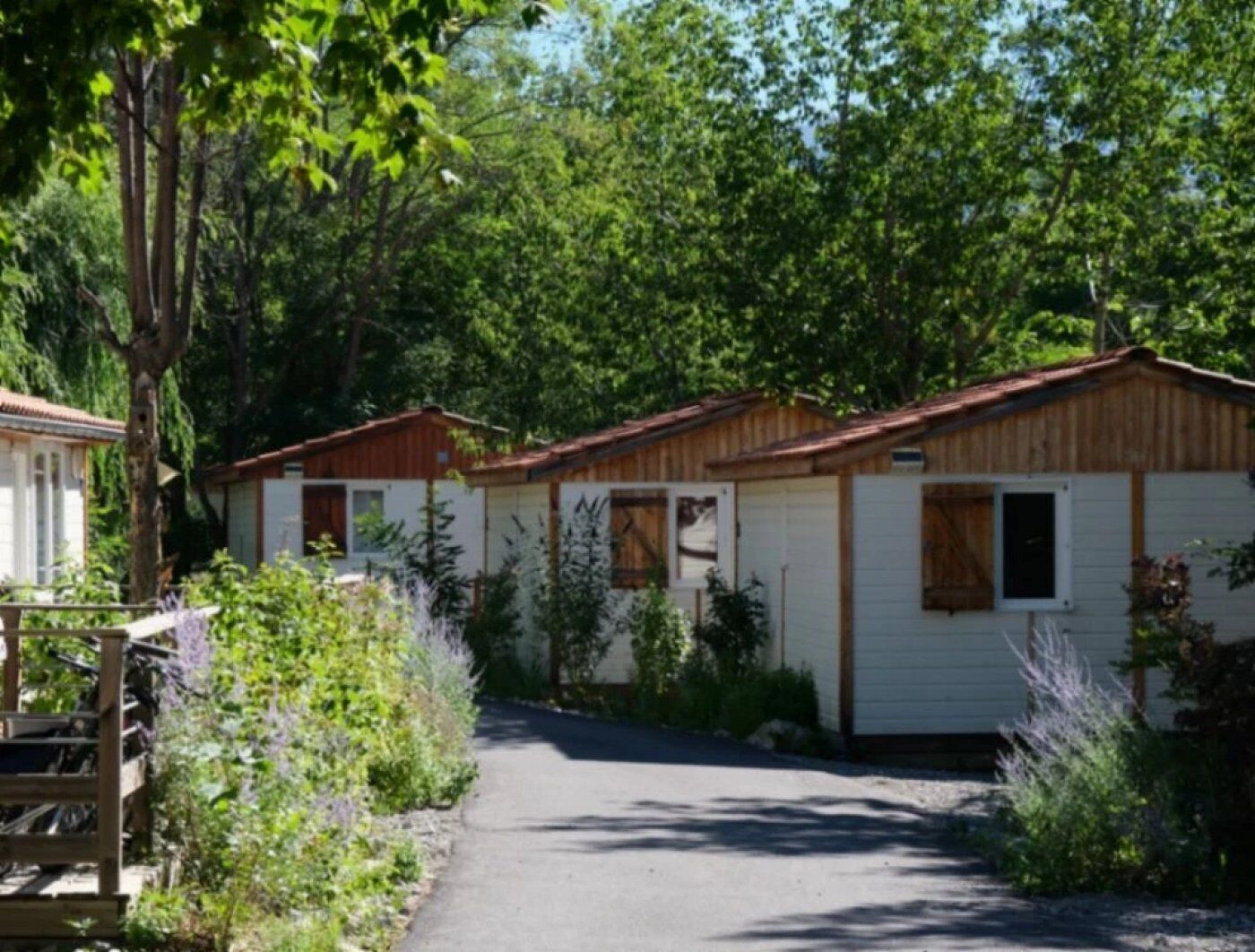 A row of wooden cabins with a gravel path leading to them, surrounded by greenery.