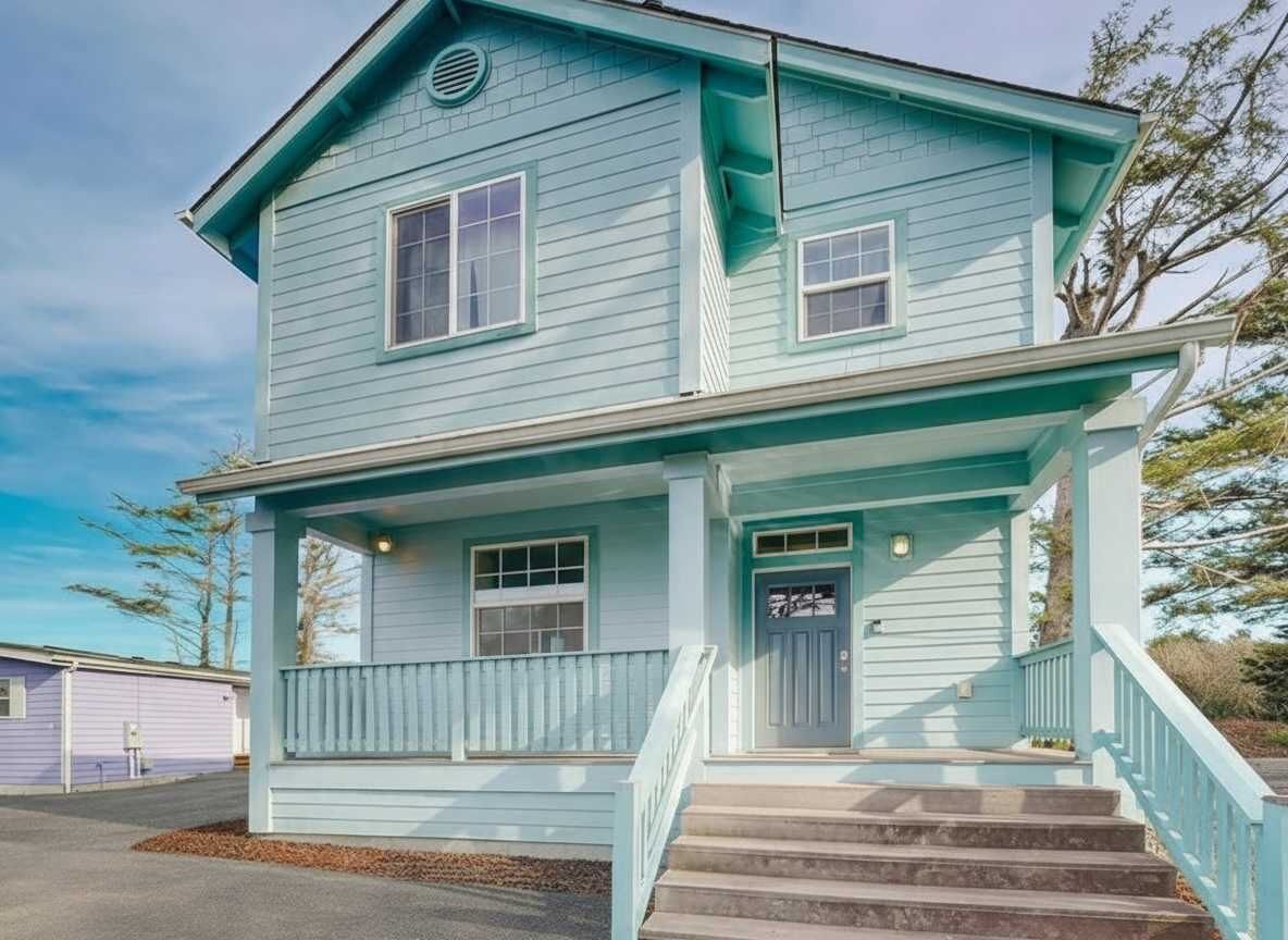 A two-story house with a porch, a front door, and a staircase leading to the entrance.