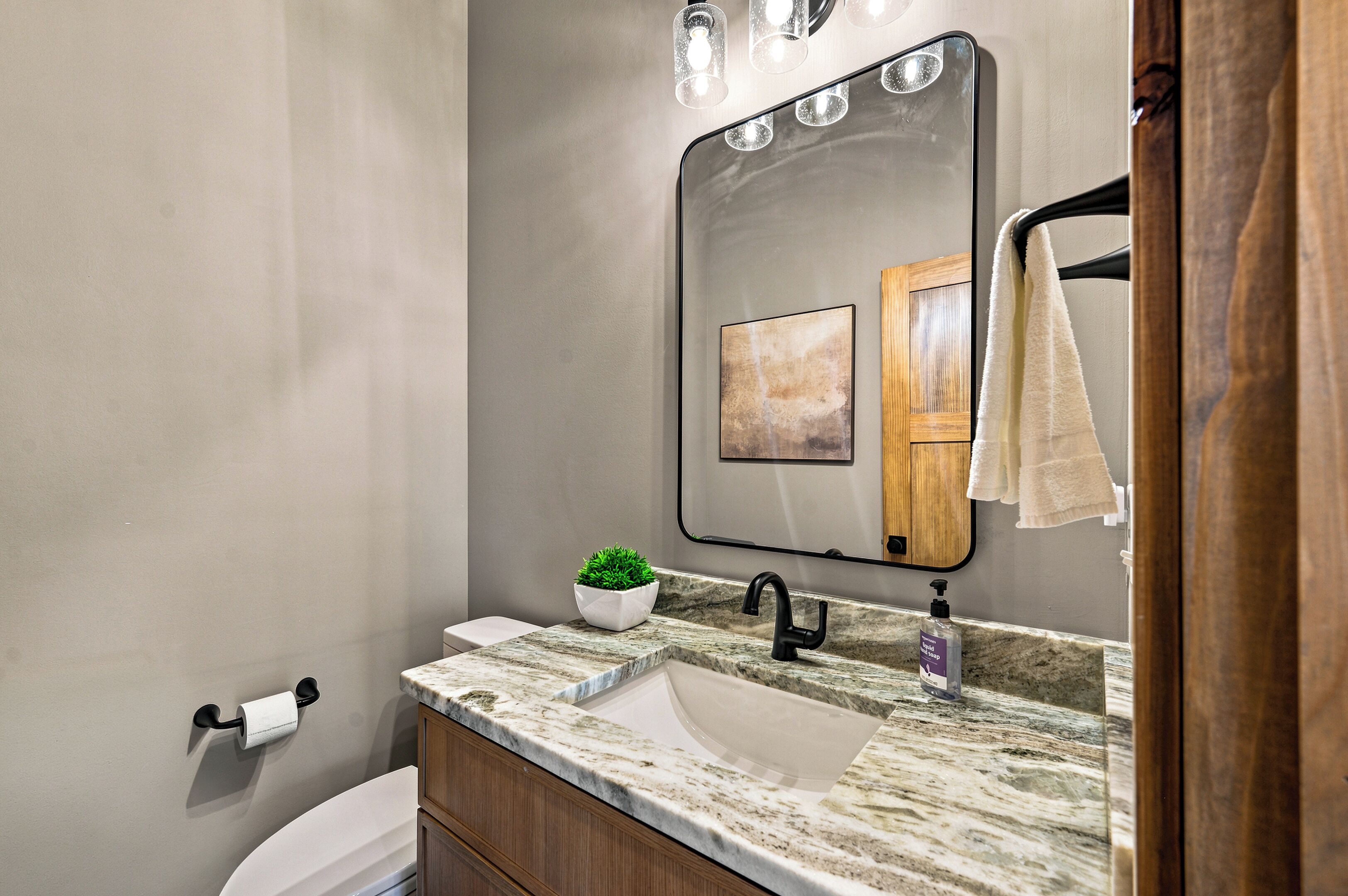 A bathroom with a marble sink, a mirror with lights, a toilet, and a small plant.