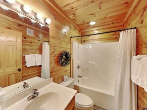 Shower, towels - Spacious Smoky Mountain Cabin Rental | Sleeps 12 | Game Room & Hot Tub (Pigeon Forge)