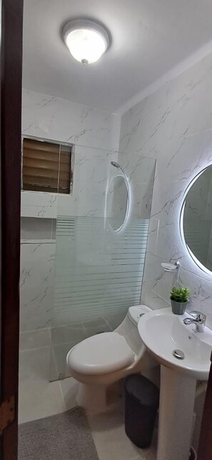 Ducha, secador de pelo, toallas, jabón