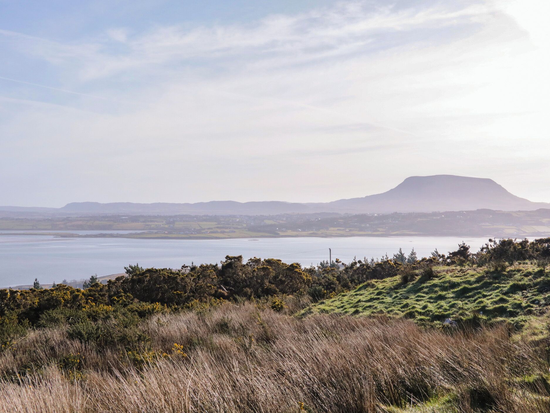 A coastal landscape with a mountain in the distance, a body of water, and grassy terrain.