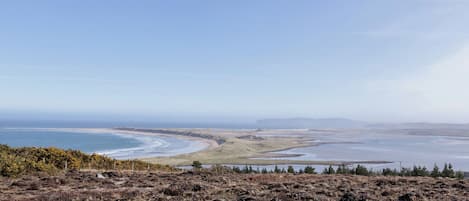 A coastal landscape with a beach, dunes, and a clear sky.